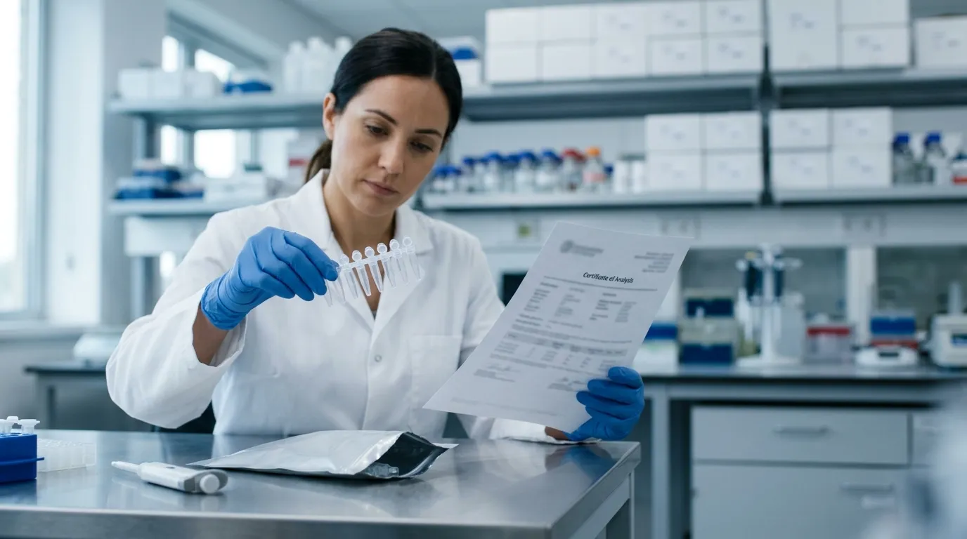 Lab professional reviewing a certificate document beside a packaged PCR tube strip