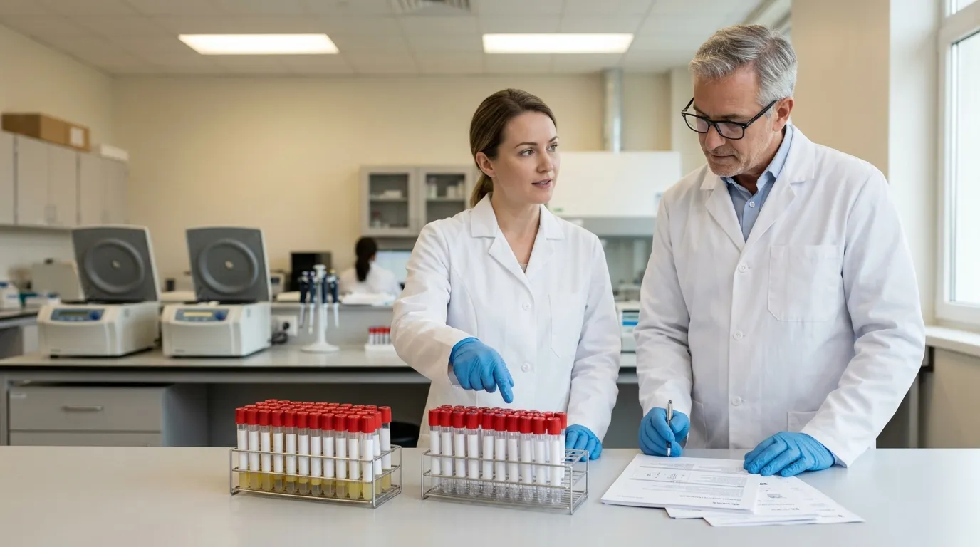 Laboratory staff comparing SST and gel-free clot activator tubes for test selection