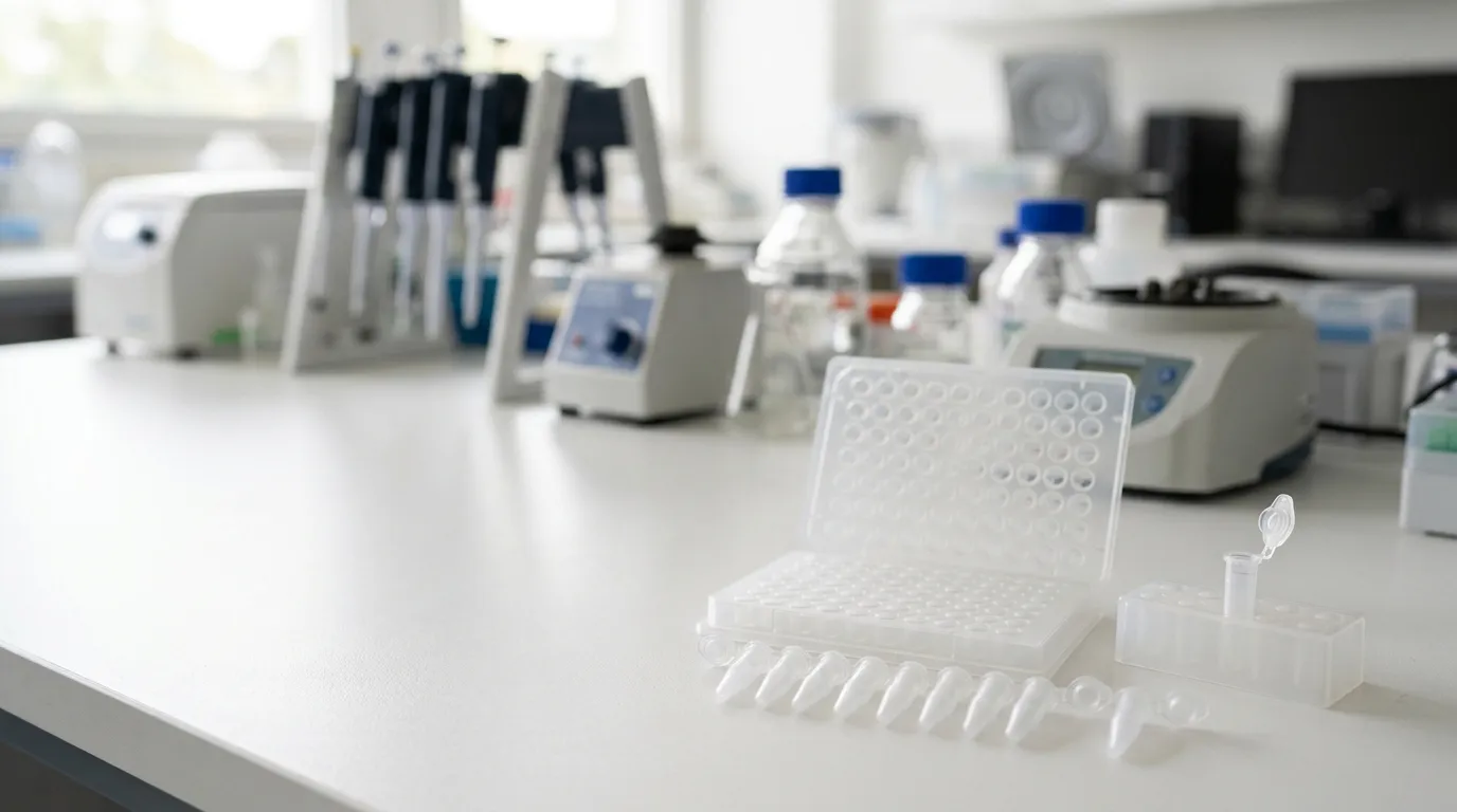 Unlabeled PCR tubes, strips, and a PCR plate arranged on a clean laboratory bench