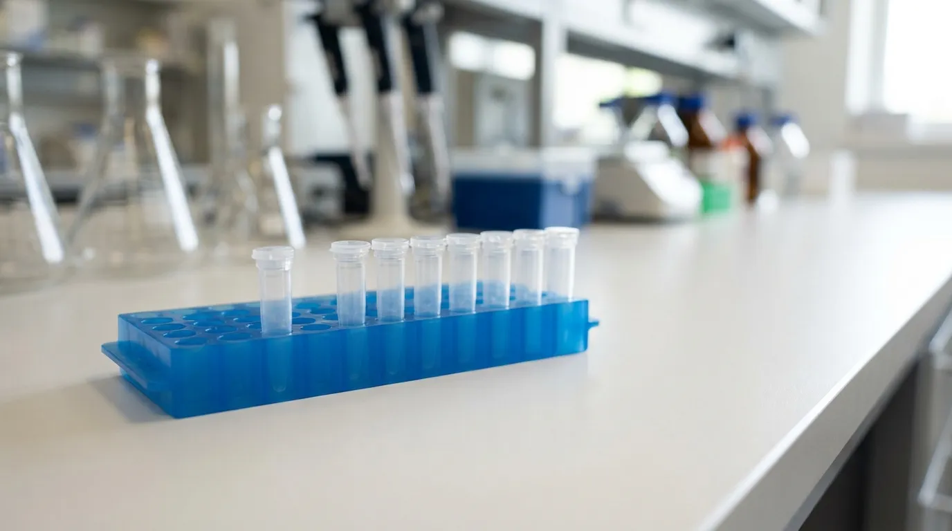 Single PCR tube and an 8-strip PCR tube with attached caps on a laboratory surface
