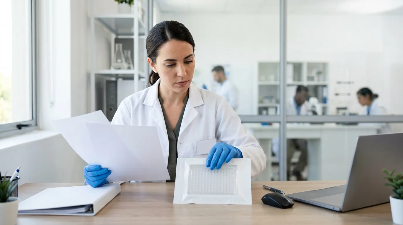 Supplier document review beside packaged PCR consumables in a B2B laboratory procurement setting