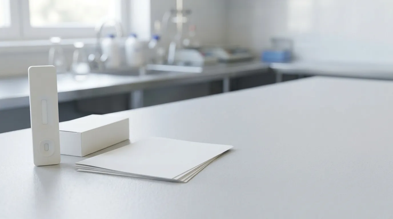 Unbranded ODM rapid test cassette with blank packaging and export documents on a lab procurement desk.
