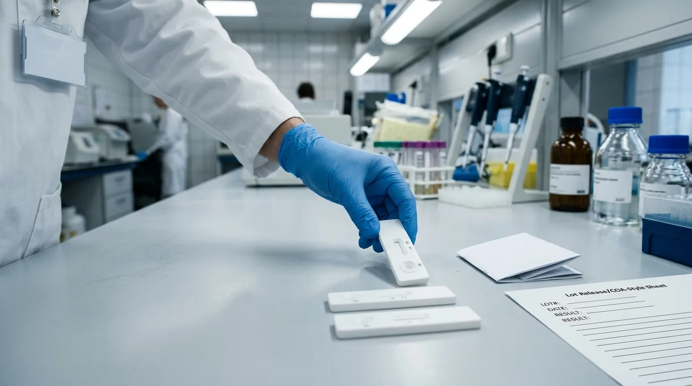 Gloved hand placing unbranded rapid test cassettes on a clean bench during ODM sample evaluation.