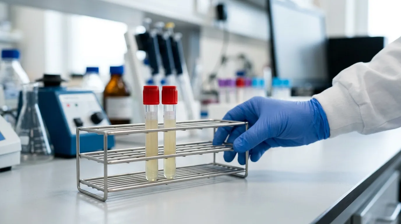 Two unlabeled red top blood collection tubes side by side in a laboratory rack.
