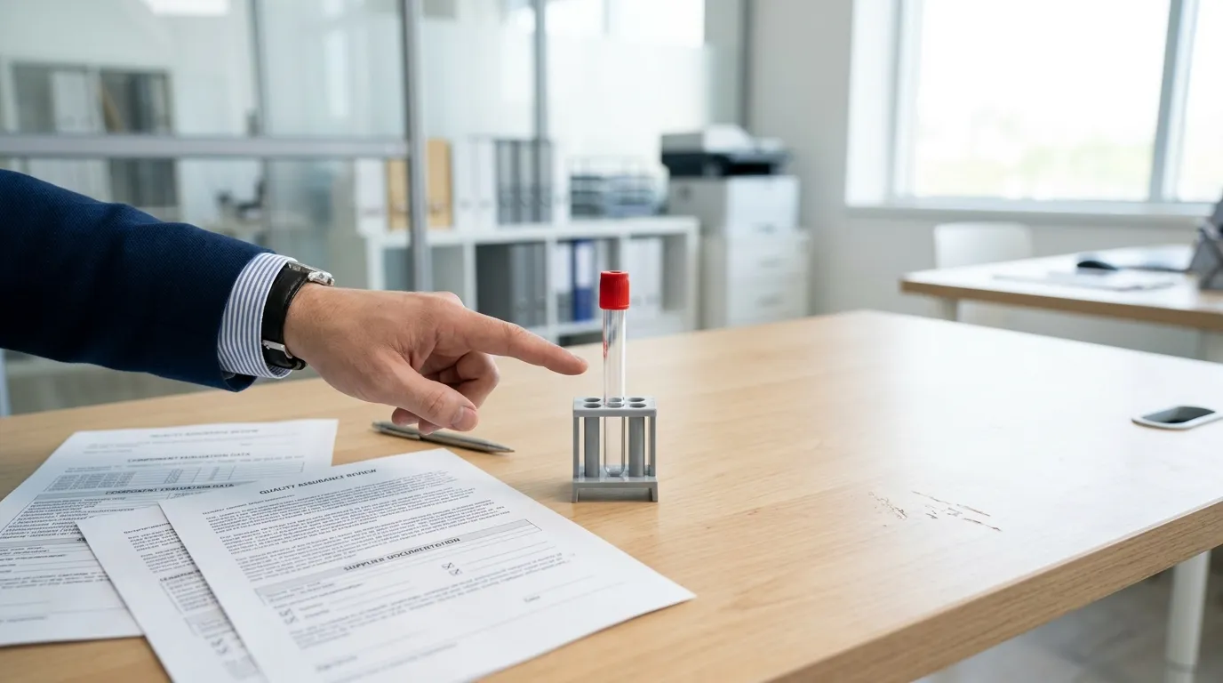 Red top blood collection tube on a desk beside unreadable supplier quality documents.