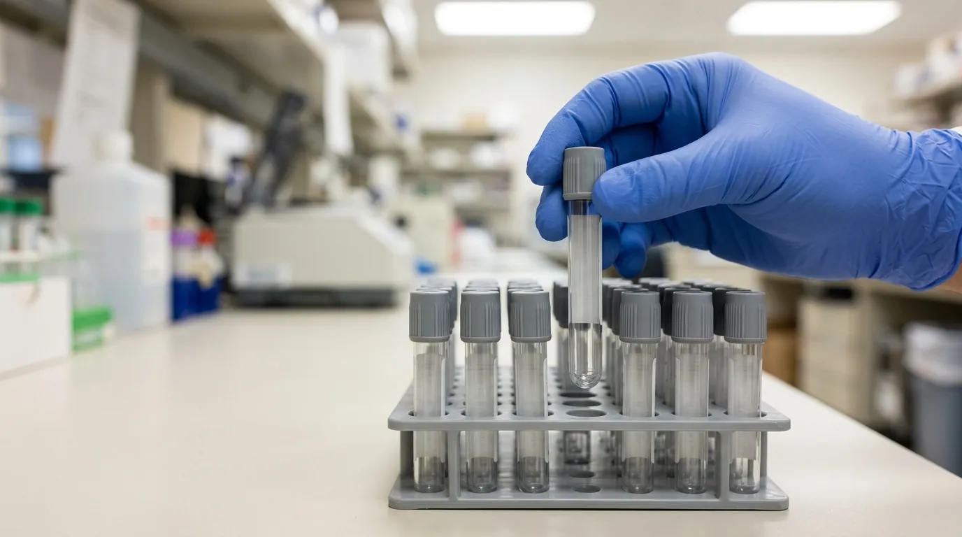 A gloved hand holds an unlabeled gray-top fluoride oxalate tube above an identical tube rack.