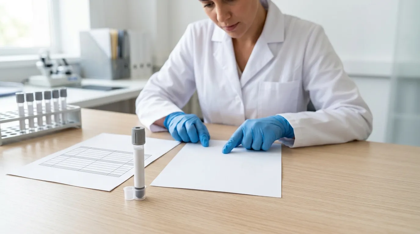 Gray-top fluoride oxalate tube beside an unreadable specification sheet during a quality documentation review.