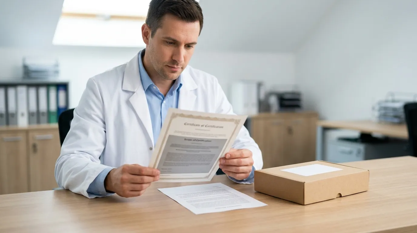 Rapid test distributor verifying documentation against packaged kit during sourcing review