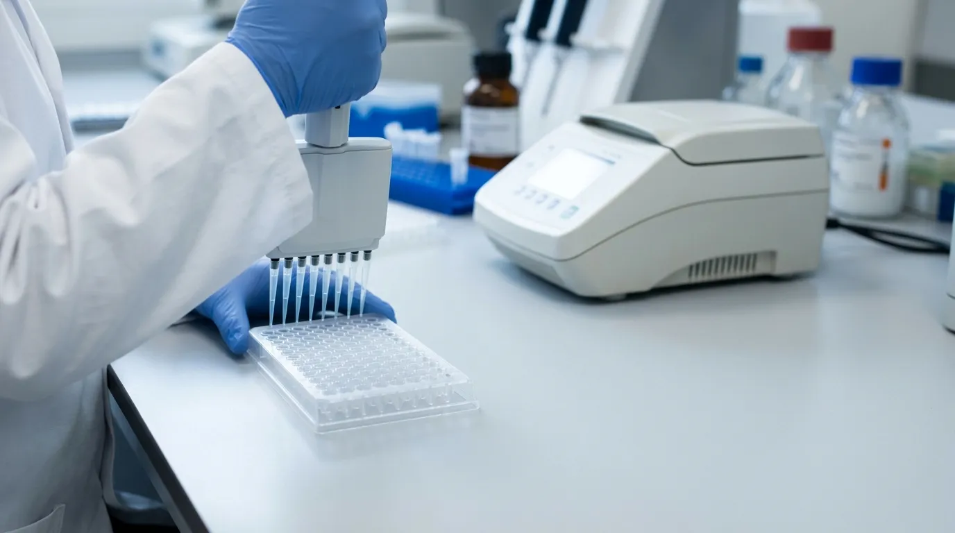96-well PCR plate on a lab bench with a multichannel pipette above it
