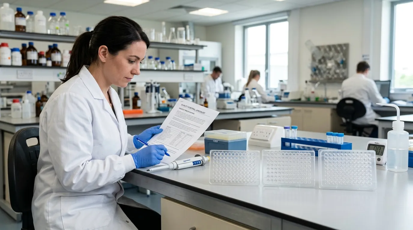 Laboratory worker comparing three 96-well PCR plate formats beside a specification document