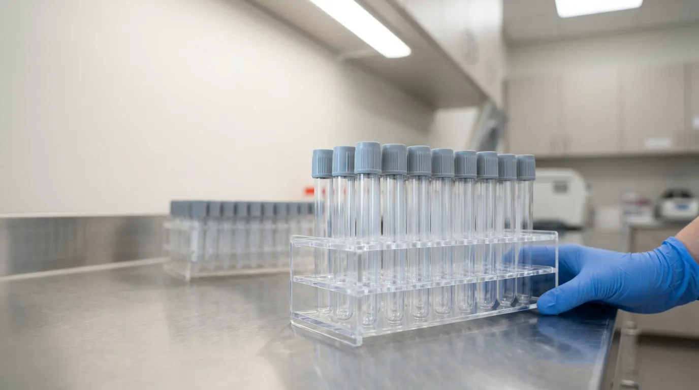 Gray-top glucose blood collection tubes in a laboratory rack with soft-focus clinical background.