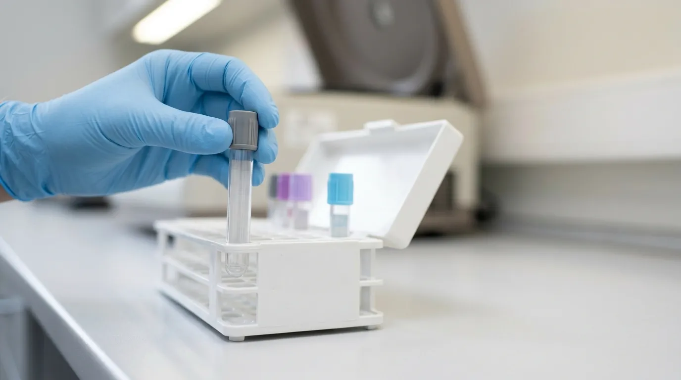 Gloved hand selecting a gray-top glucose tube while other blood collection tubes sit in the rack.