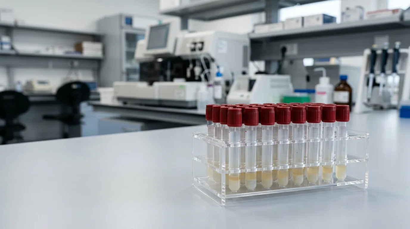 SST blood collection tubes in a rack on a laboratory benchtop