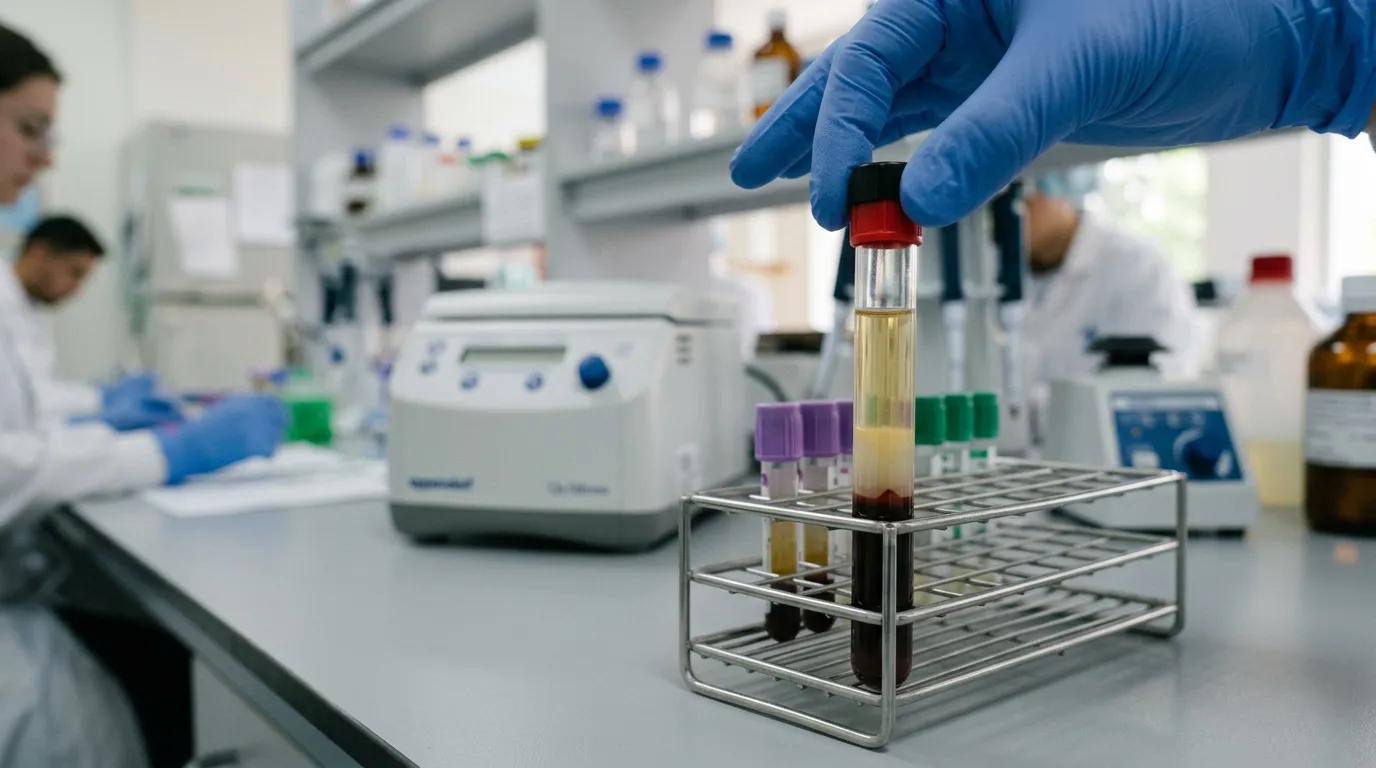 Centrifuged SST tube showing serum, gel separator, and clot layers