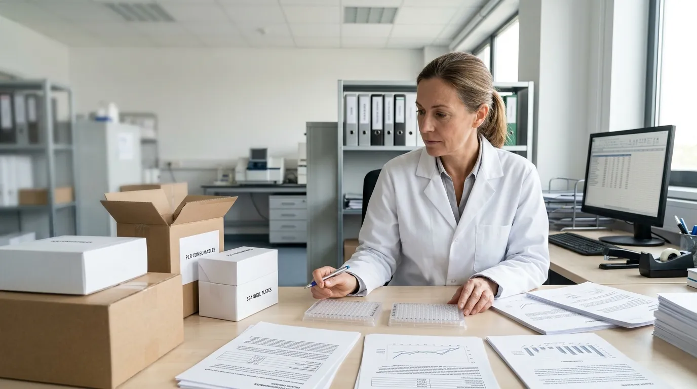 Laboratory buyer reviewing 384-well PCR plates and supplier documentation