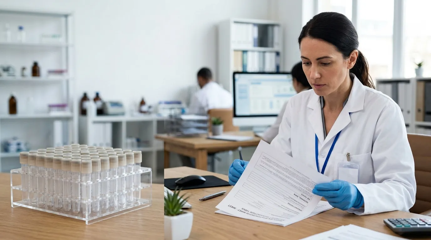 Laboratory staff reviewing pediatric blood tube specification documents and supplier samples.