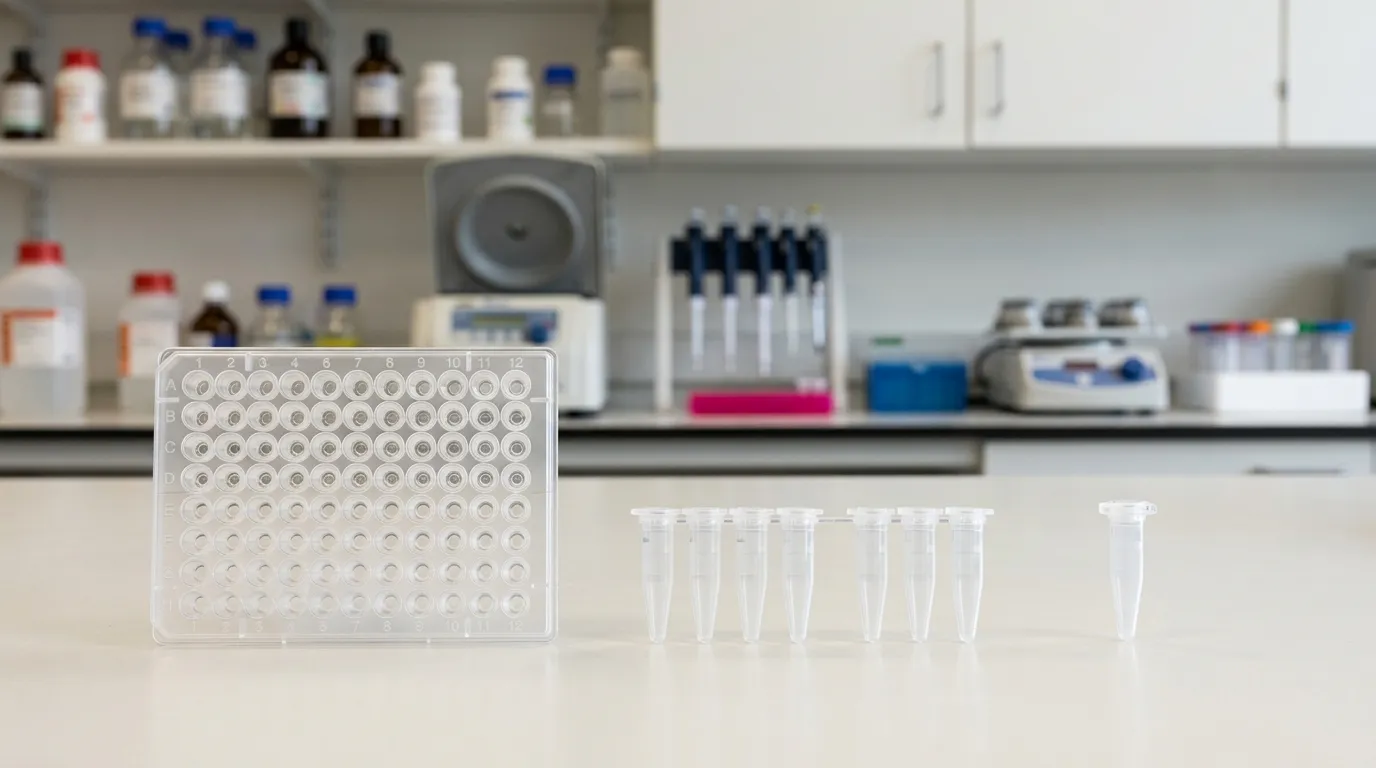 96-well qPCR plate, 8-well PCR tube strip, and single PCR tube arranged side by side