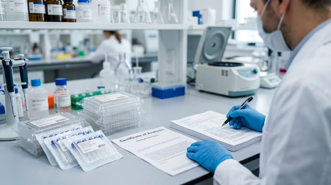 Laboratory buyer reviewing documentation beside packaged qPCR plates and strip tubes