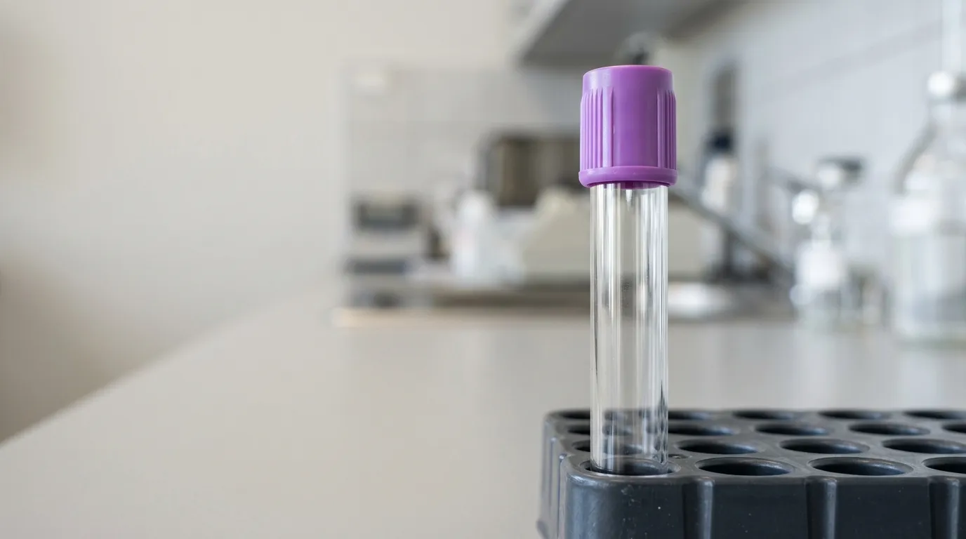 Close-up of a purple top EDTA blood collection tube standing in a rack