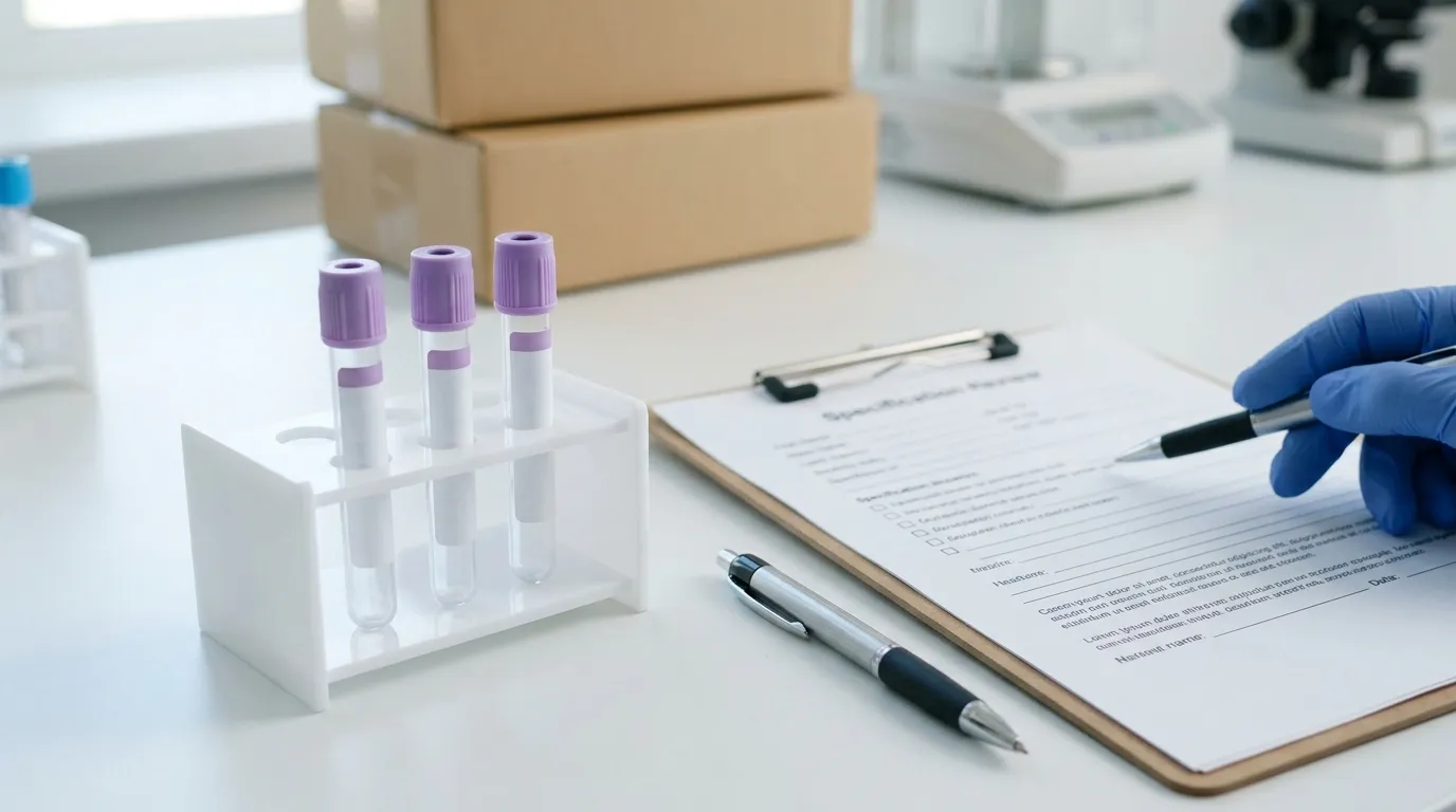 Purple top blood collection tubes with a blank specification sheet for procurement review