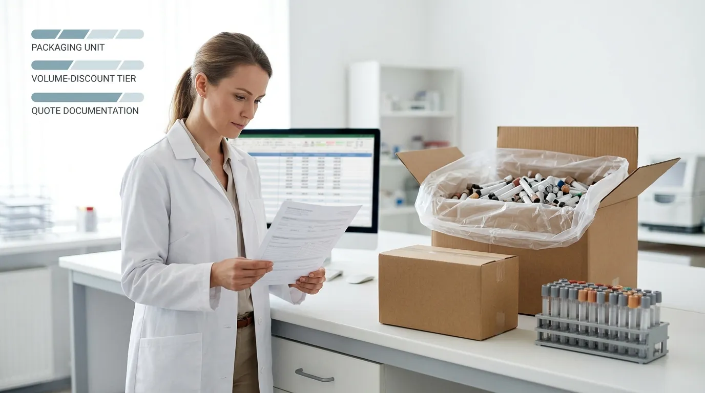 Bulk blood collection tube packaging in box, bulk bag, and rack with quote documents