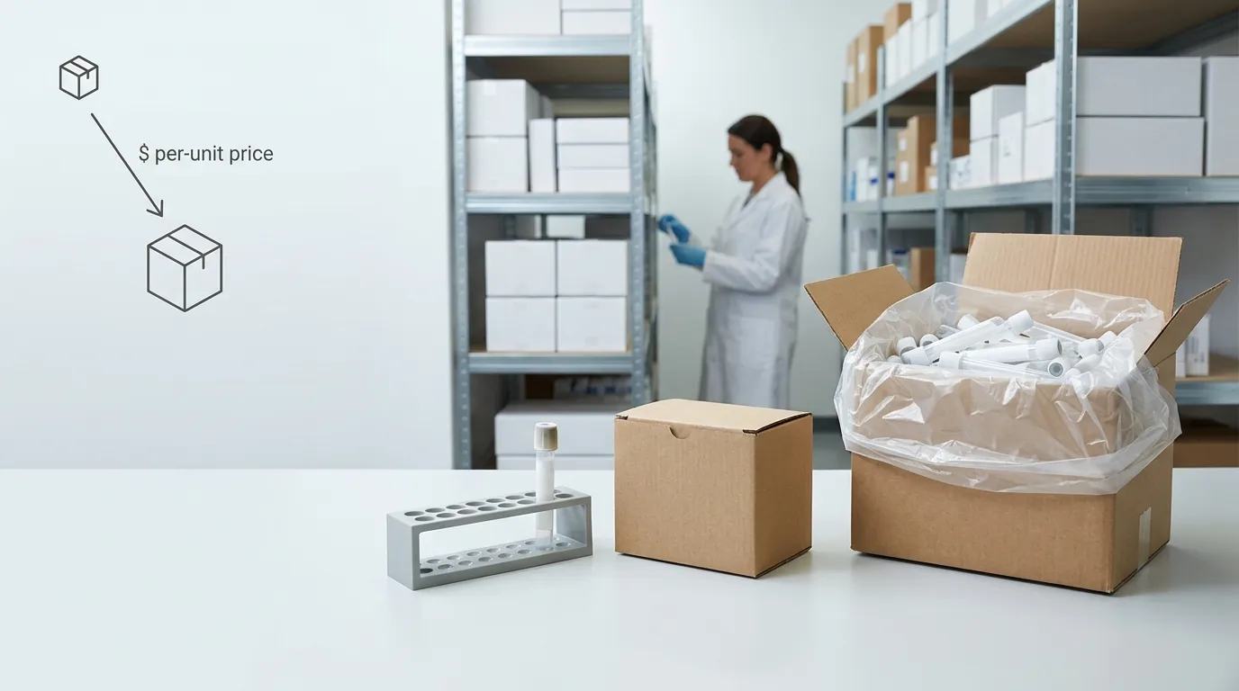 Blood collection tube packaging tiers: boxed tubes, bulk bag in case, and single tube