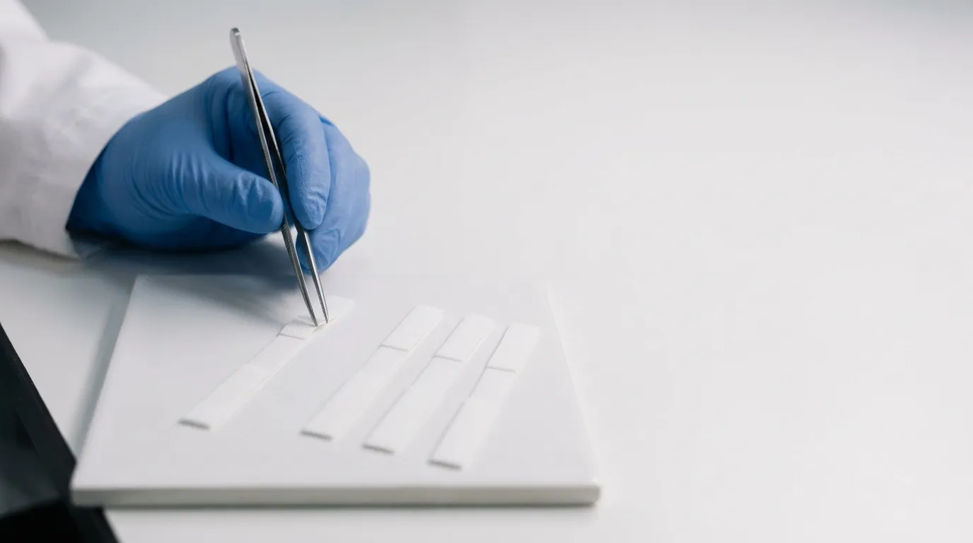 Technician inspecting an unlabeled lateral flow test strip membrane during assay development.