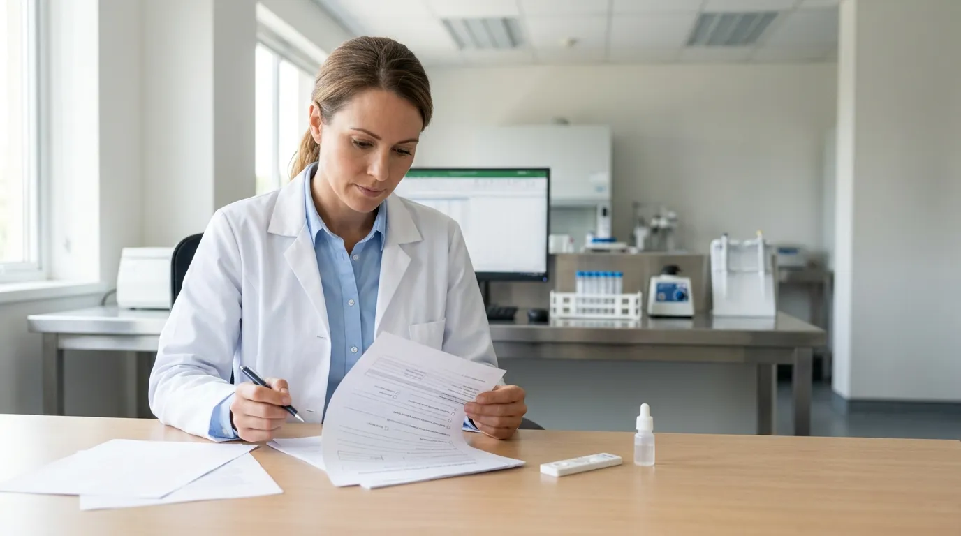 Procurement professional reviewing OEM supplier qualification documents beside a lateral flow test cassette.