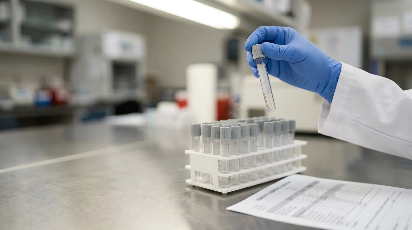 Lab professional inspecting a blood collection tube with quality documentation nearby