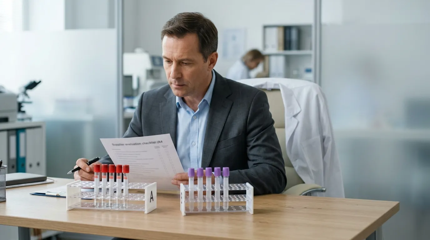 Distributor comparing blood collection tube samples and supplier documents on a desk
