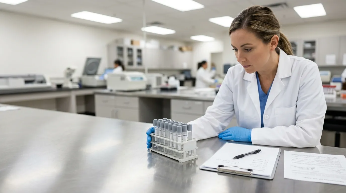 Blood collection tube samples being inspected by a gloved laboratory professional during supplier evaluation.