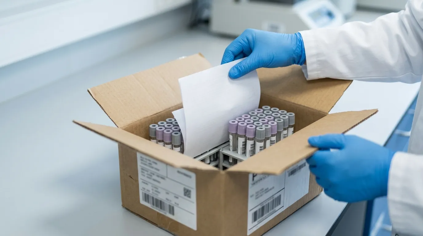 Distributor inspecting a blood collection tube sample shipment on arrival.