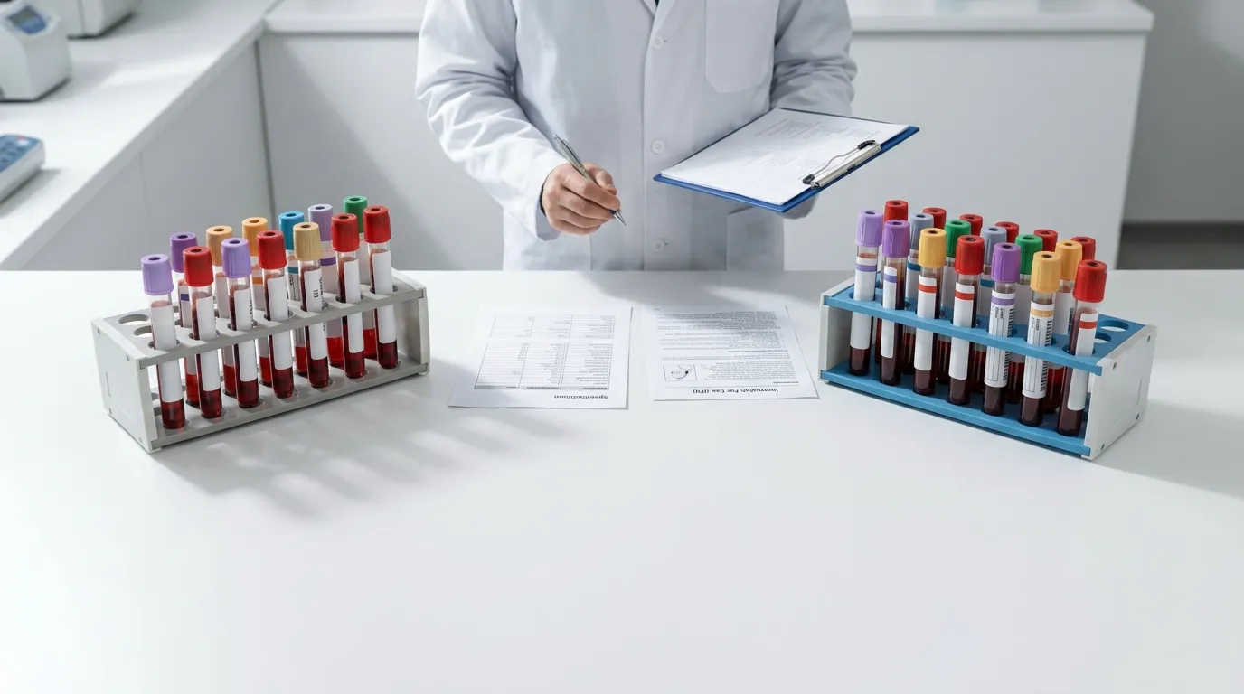Side-by-side comparison of blood collection tube samples from two suppliers.