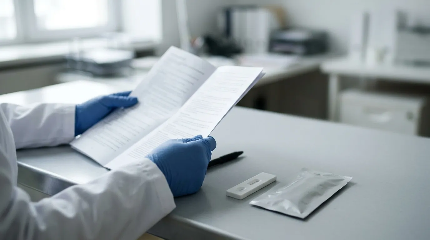 Lab professional in gloves reviewing rapid test product documentation beside a sealed test cassette.