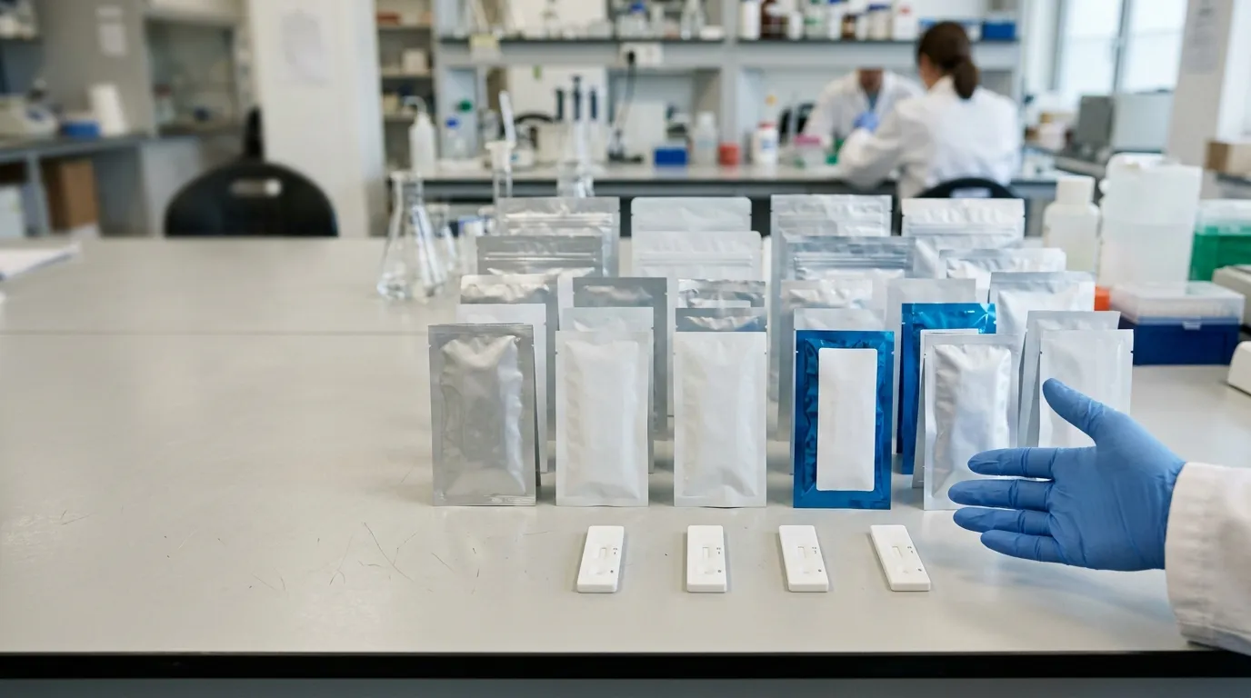 Assorted unlabeled rapid test kit pouches and cassettes arranged for global health screening evaluation.