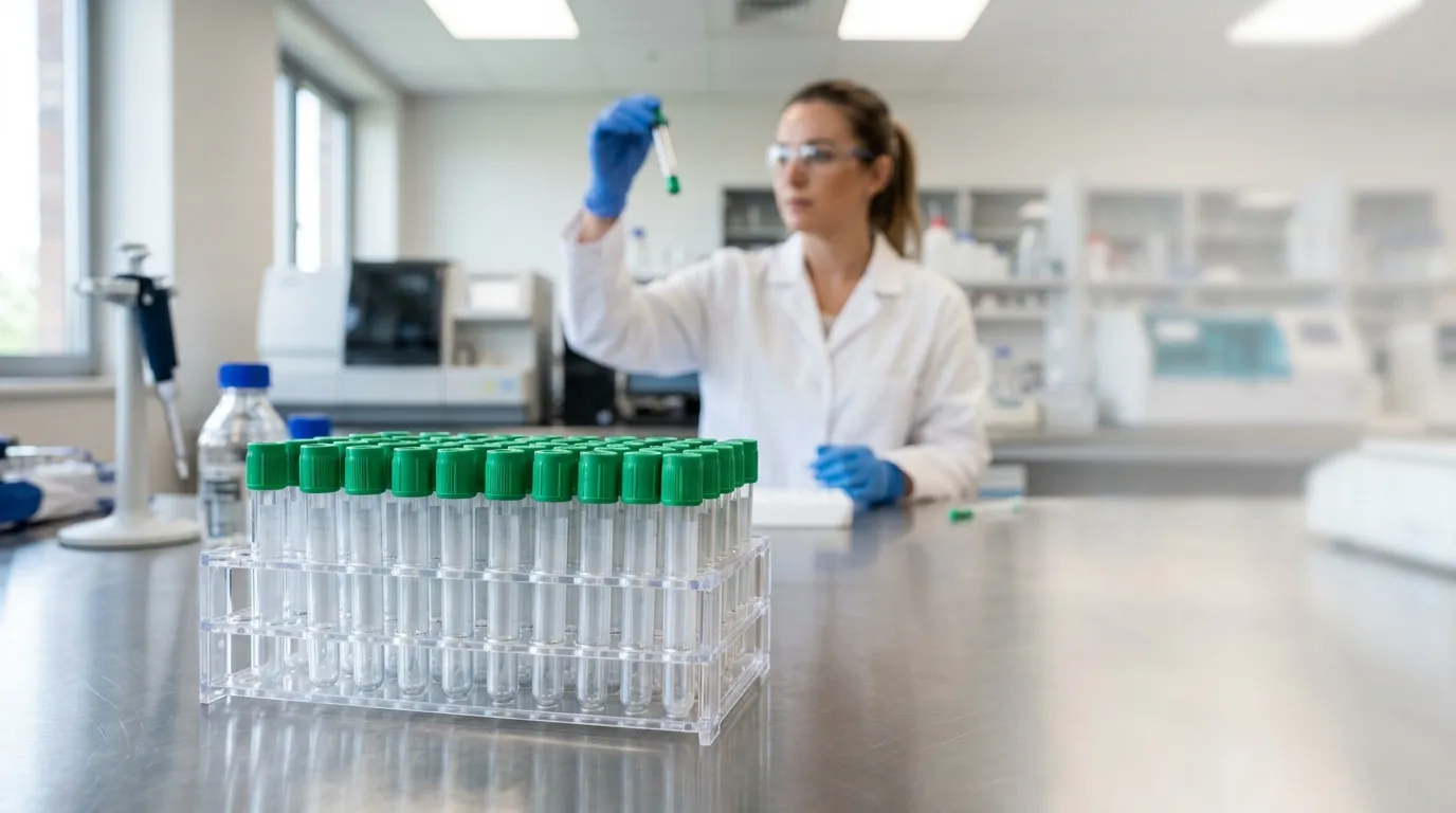 Green-top heparin blood collection tubes in a laboratory rack for plasma testing