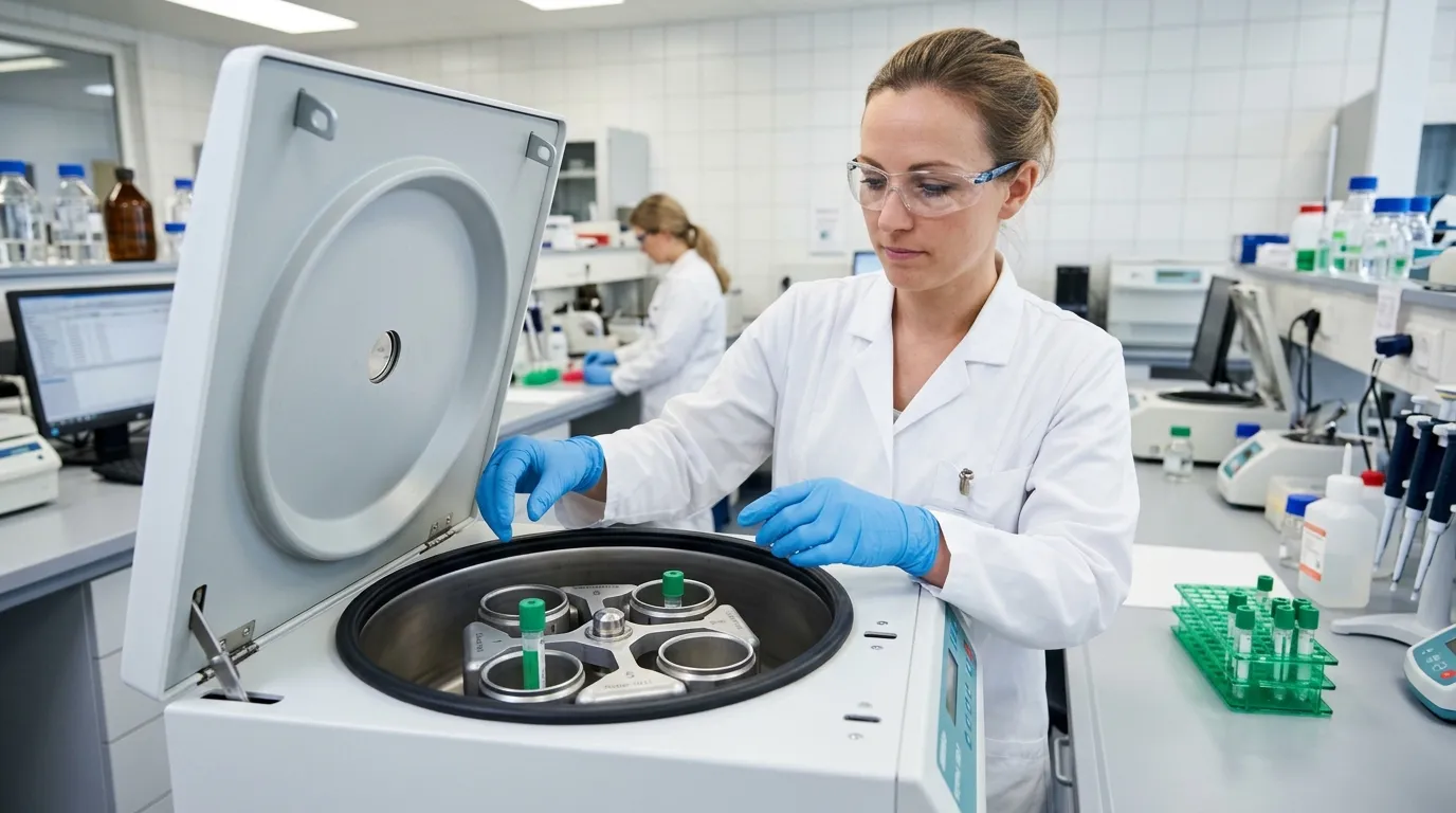 Lab professional loading green-top heparin tubes into a centrifuge for plasma separation