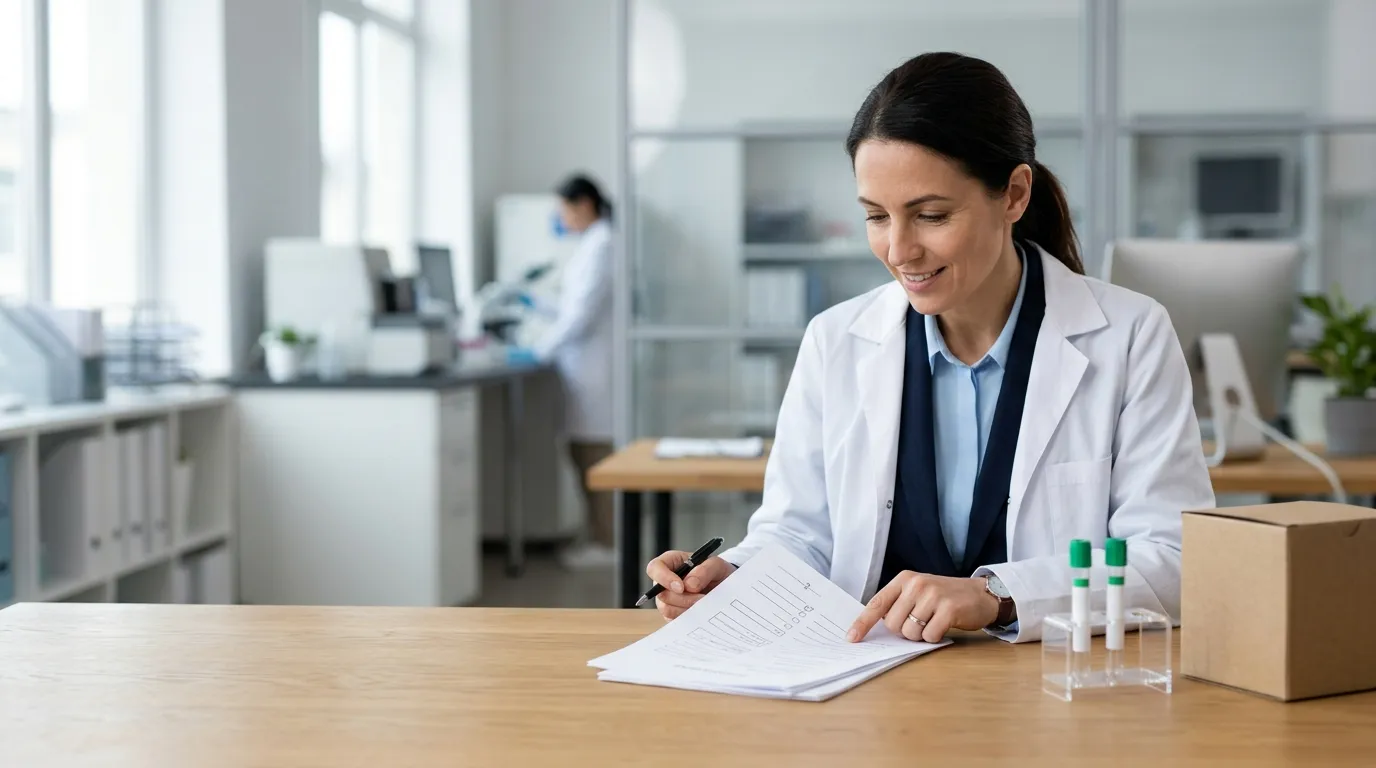 Purchasing professional reviewing supplier documentation beside green-top heparin collection tubes
