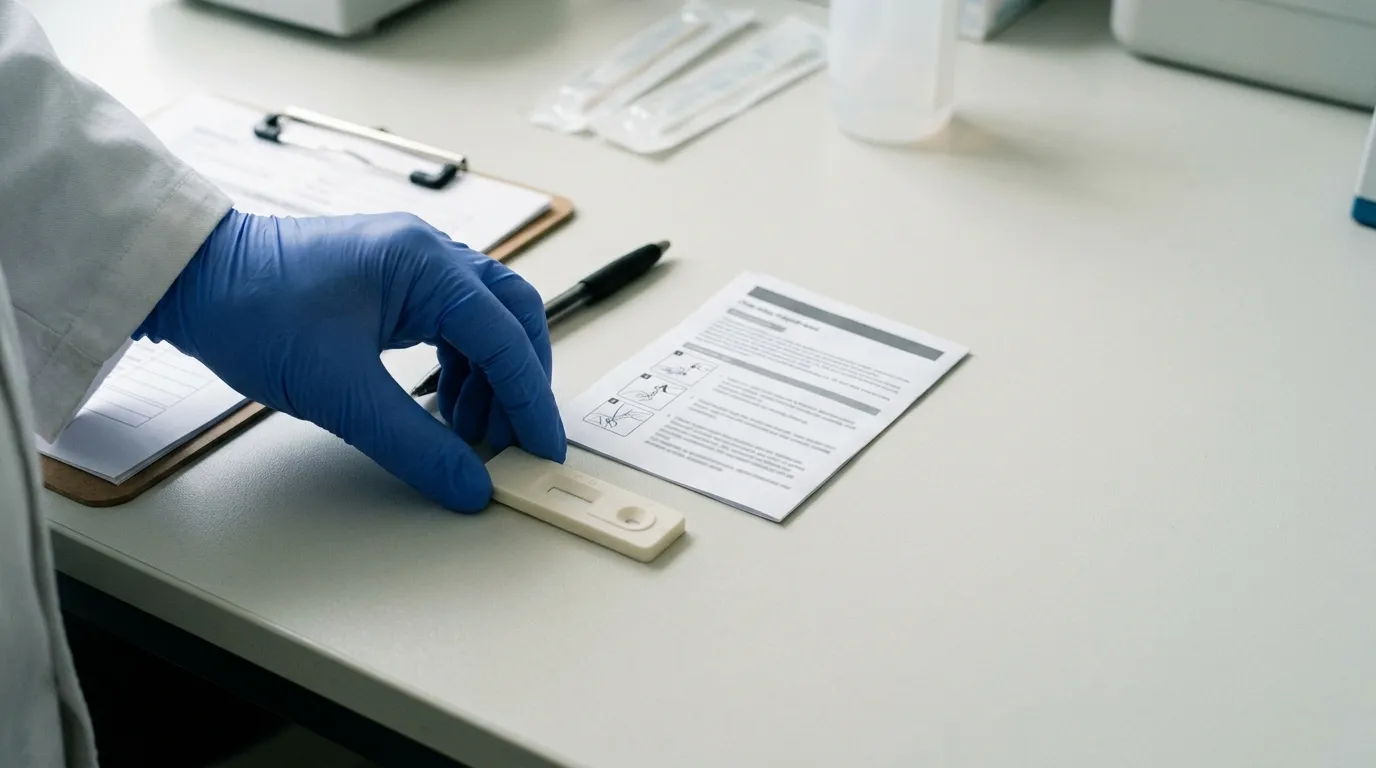One-step rapid test cassette beside an IFU-style document during documentation review