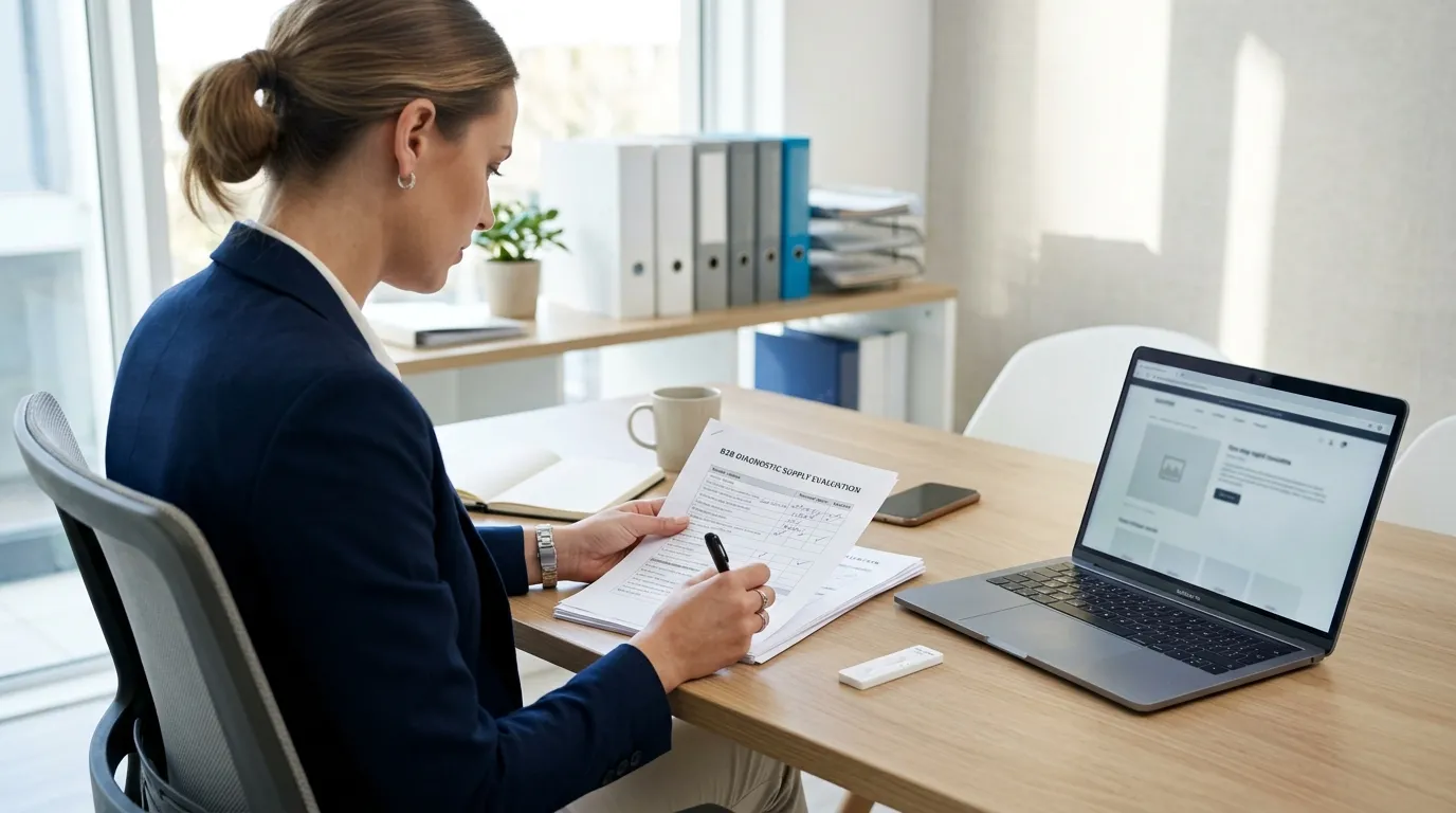 Buyer comparing a one-step rapid test cassette with product documentation on a desk