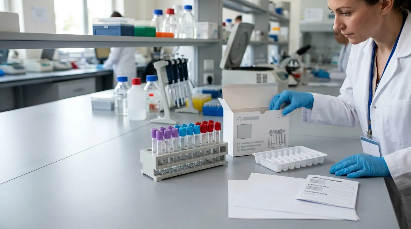 Blood collection tubes arranged with neutral OEM packaging materials on a laboratory bench