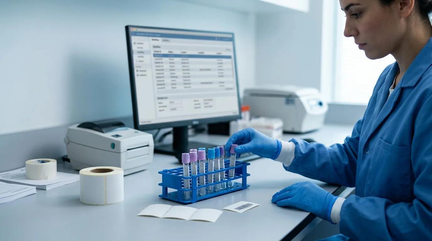 Blood collection tubes and blank label samples arranged for packaging traceability review