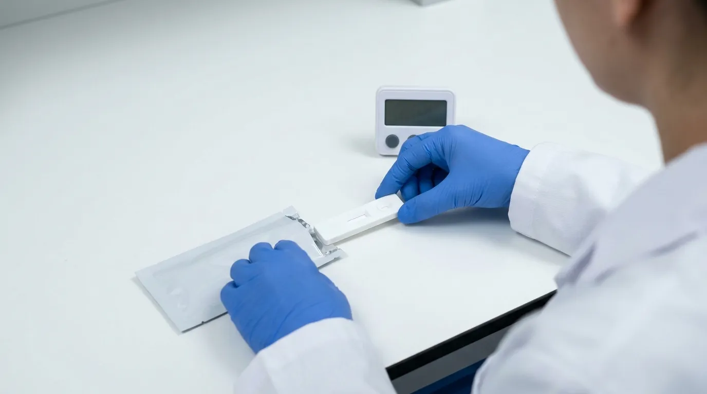 Gloved hands placing a rapid test cassette on a clean bench beside a timer.