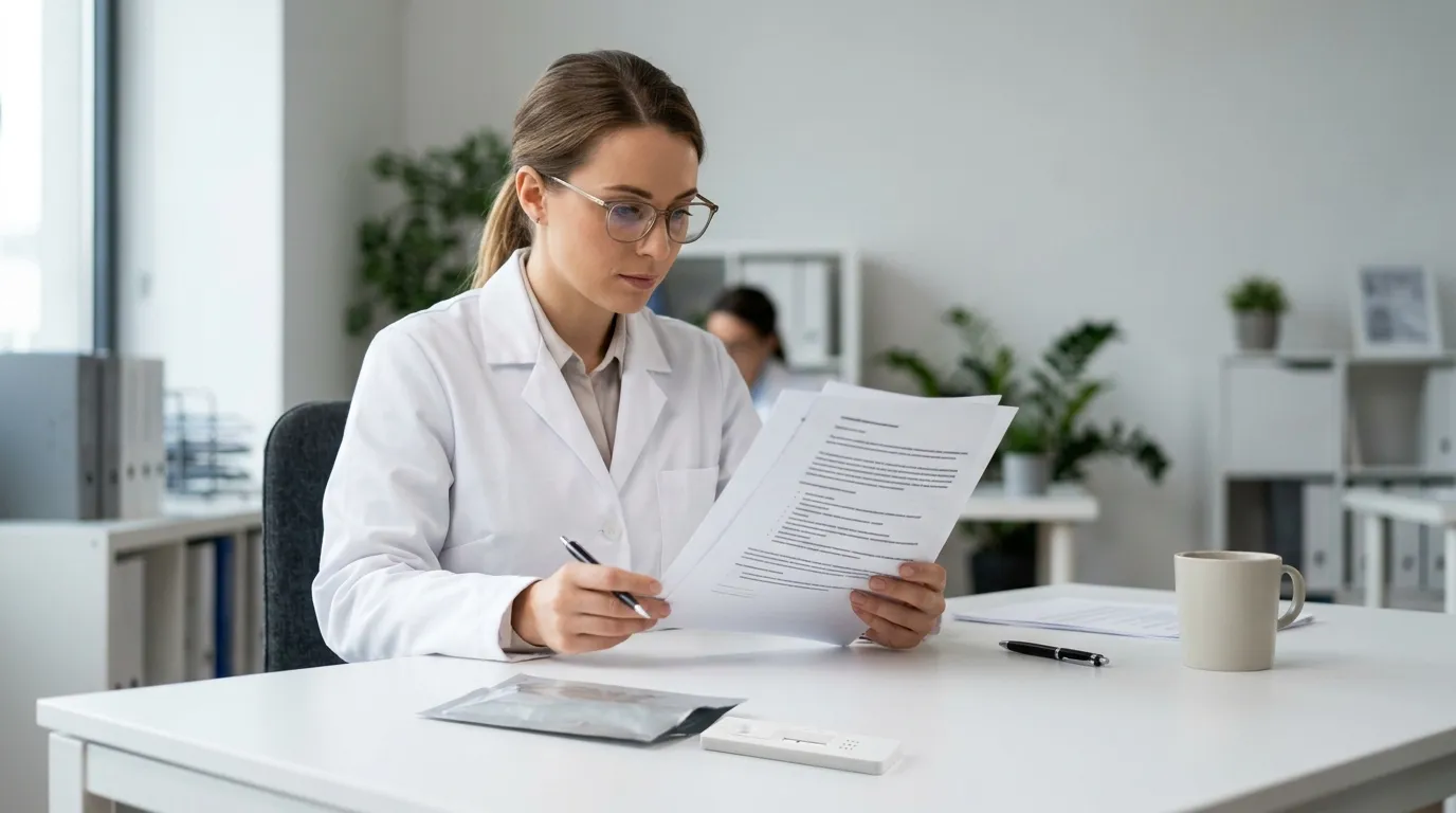 Buyer reviewing rapid test cassette documents during an OEM supplier evaluation.