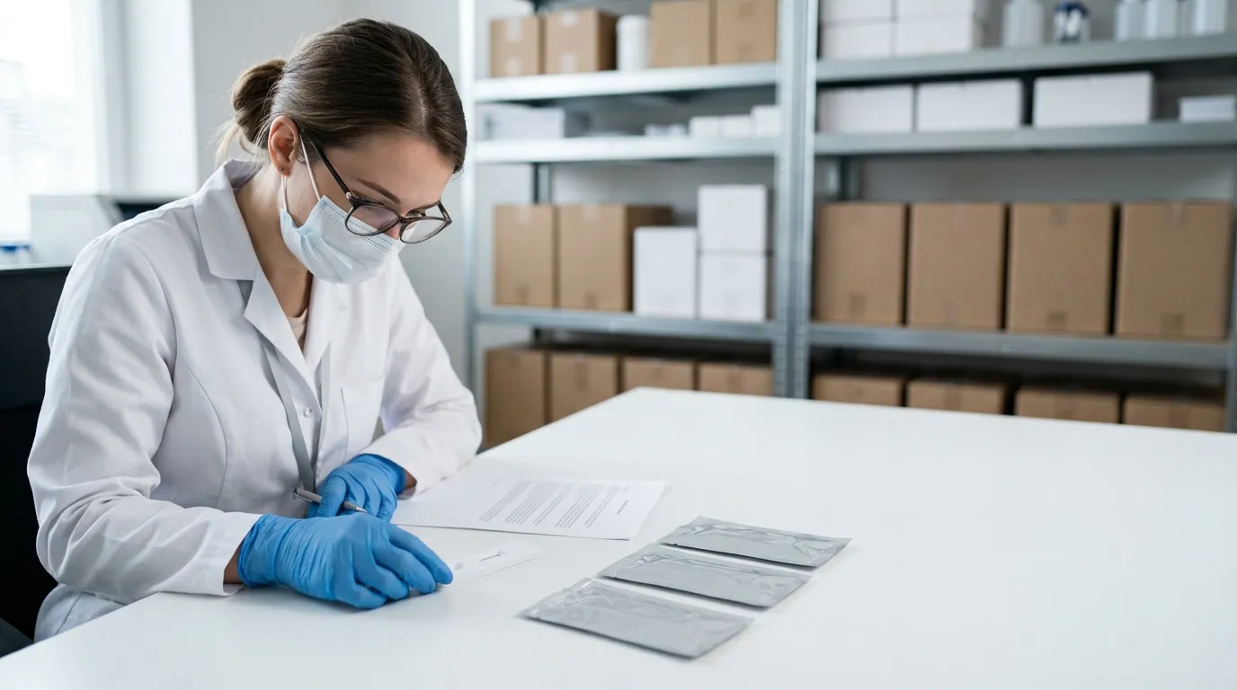 Inspection of unlabeled POCT rapid test kit packaging by a laboratory professional.