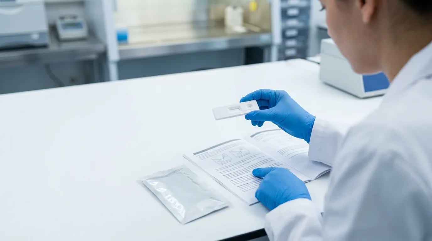 Evaluator comparing an unused point-of-care rapid test cassette with its instruction sheet.