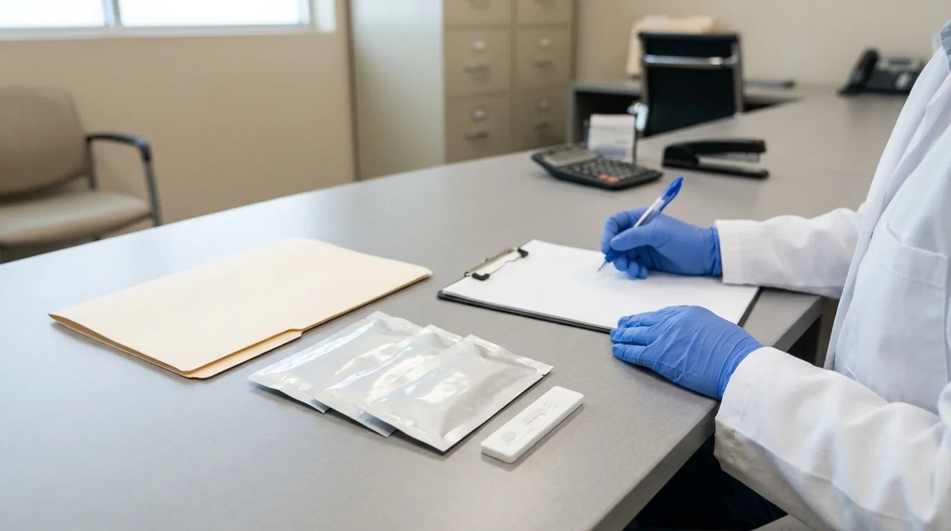 Buyer verifying product documentation for POCT rapid test kits at a clean desk.