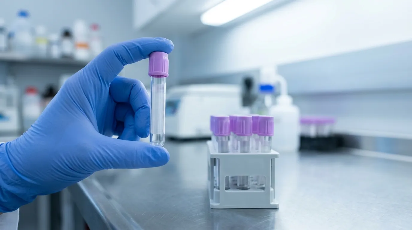 Gloved hand holding an EDTA blood collection tube with lavender cap beside similar tubes.