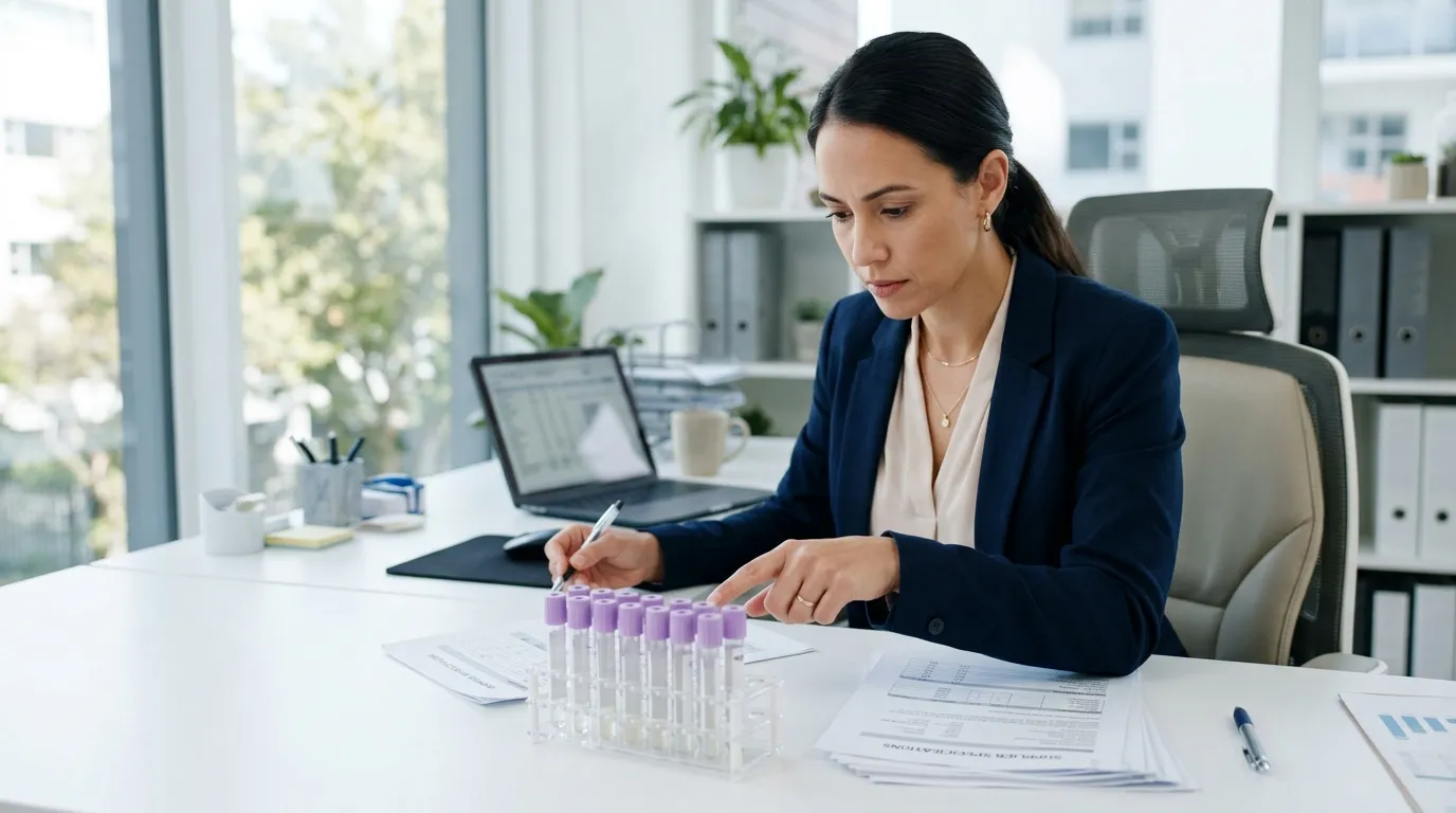 Buyer reviewing EDTA blood collection tubes and specification documents on a clean desk.