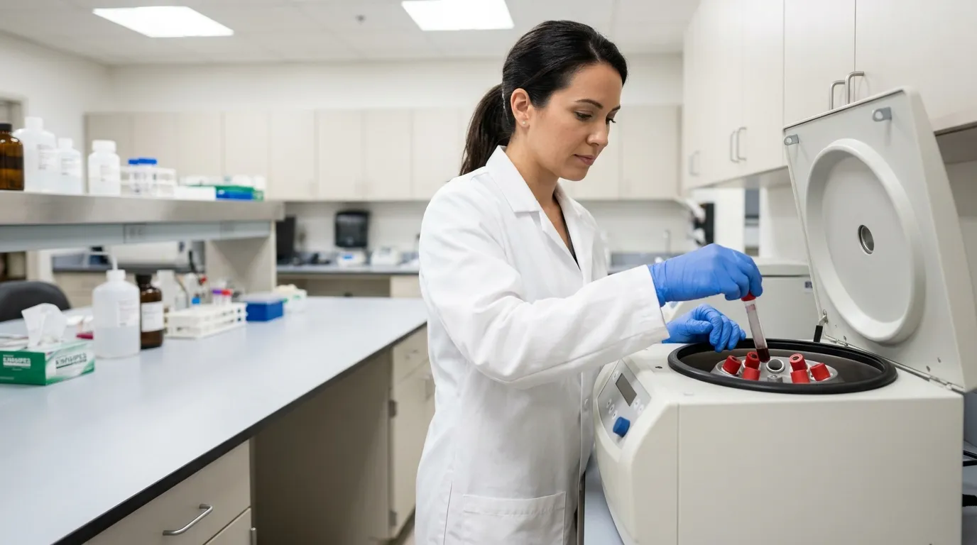 Gloved lab professional loading plain blood collection tubes into a centrifuge rotor.